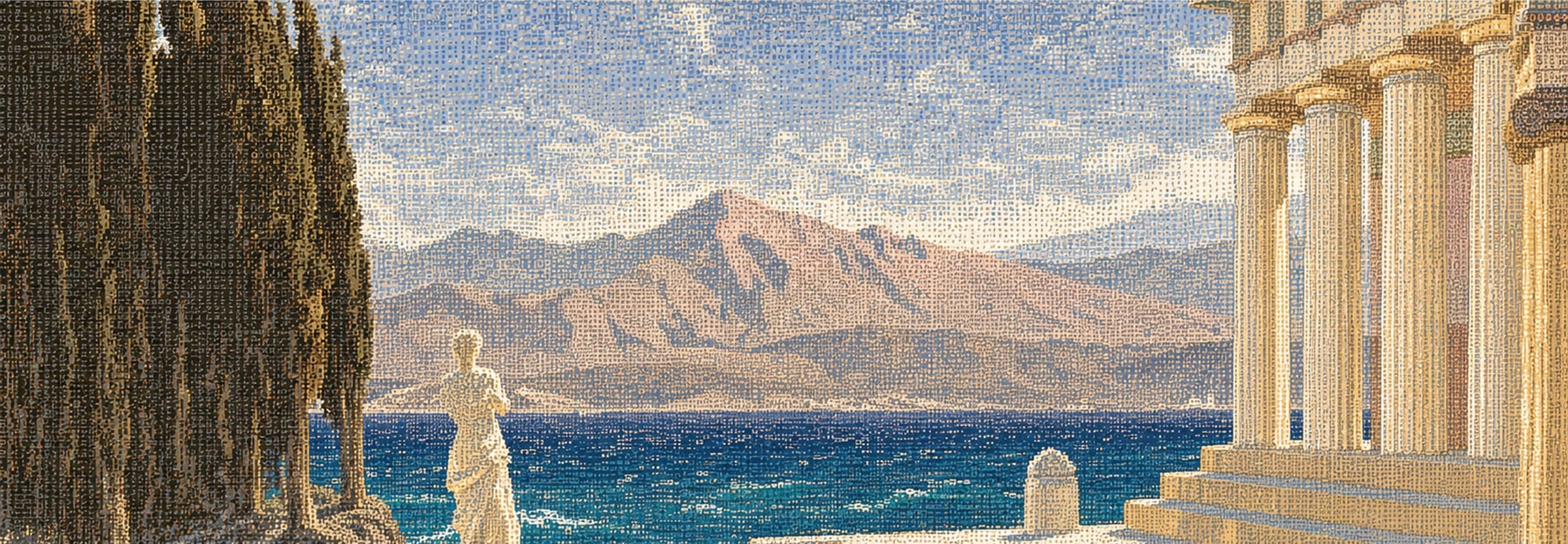 Escena clásica dibujada en mosaico: cipreses a la izquierda, una estatua junto al mar, montañas al fondo y columnas dóricas a la derecha.
